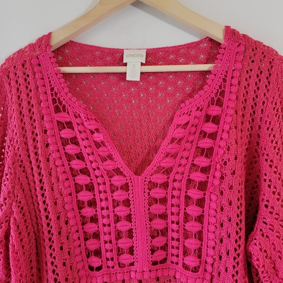 CHICO'S Crochet Detail Jamie Pullover Top Sz 3/L in Raspberry Cottagecore Fairy - Picture 5 of 12